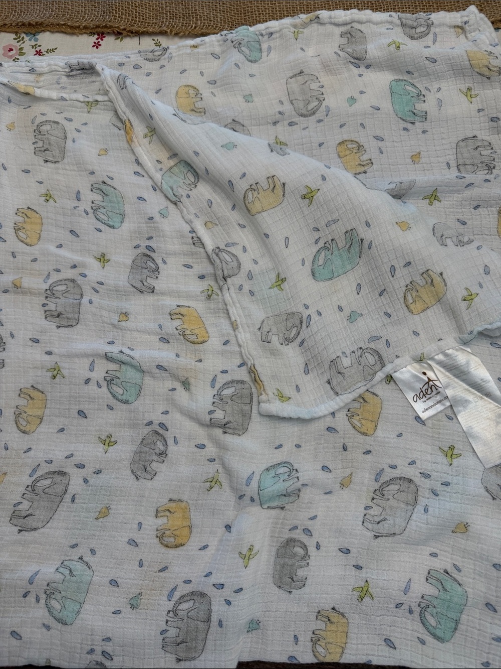 Aden + Anais Blue Gray Yellow Ellie Elephant Bird Baby Blanket Viscose Bamboo